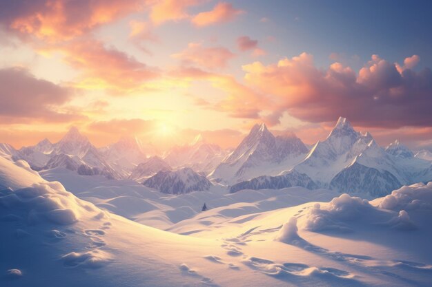 太陽は雪に覆われた山脈の上に沈んでいます