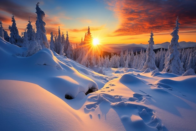 the sun is setting over a snowy mountain