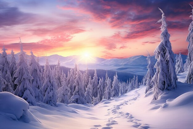 太陽は雪の山の上に沈んでいます