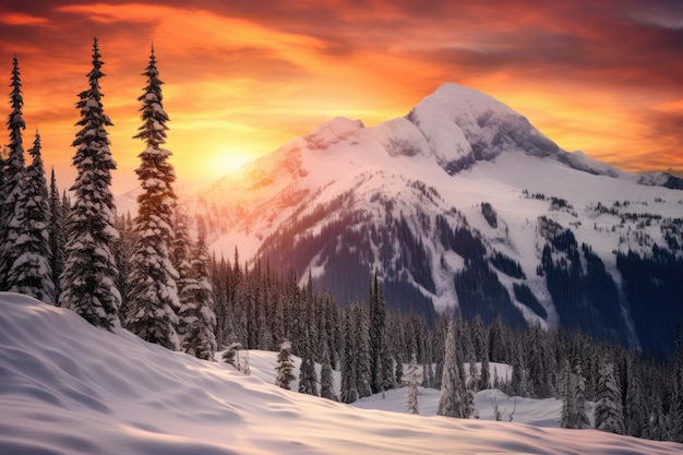 the sun is setting over a snowy mountain