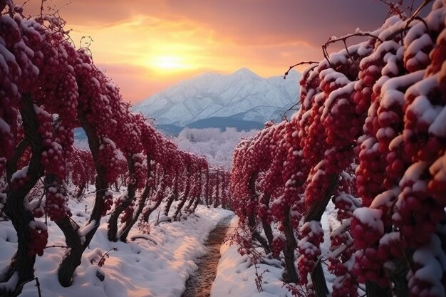 太陽は雪に覆われたブドウ畑の上に沈んでいます