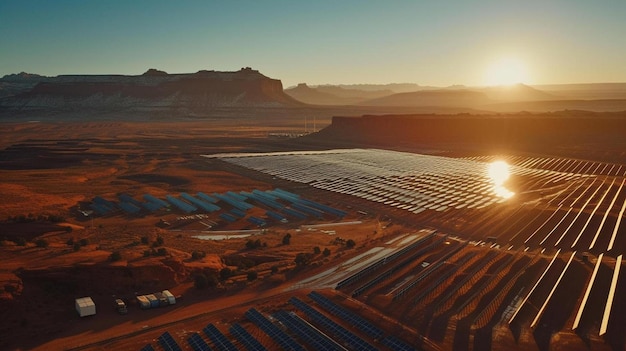 Photo the sun is setting over a solar farm