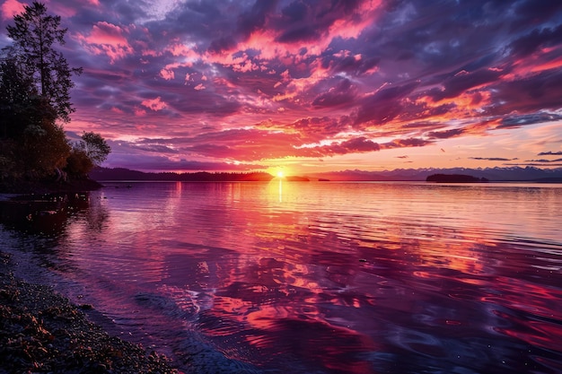 The sun is setting over the water and the clouds are reflected in the water