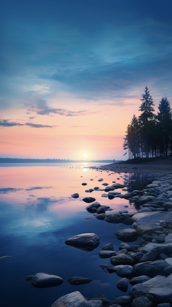 The sun is setting over the water with rocks in the foreground