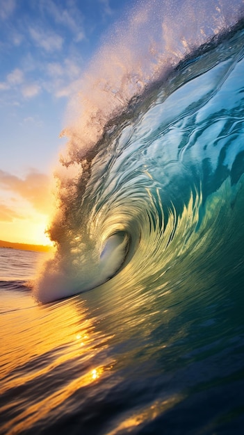 Foto il sole sta tramontando dietro un'onda nell'oceano