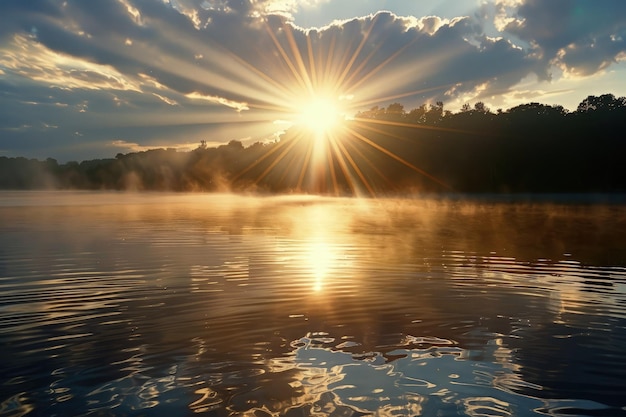 Photo the sun is shining brightly over a lake