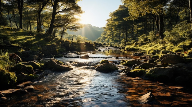 the sun is shining down on a mountain stream that is flowing in the forest in the style