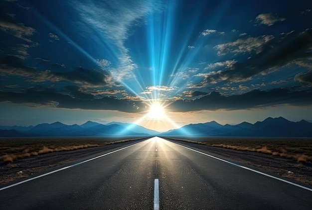 the sun is shining on a long road the landscape in the style of graphic and symmetrical