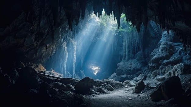 洞窟を通して太陽が輝いています