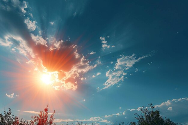 太陽は空の雲を通って輝いています