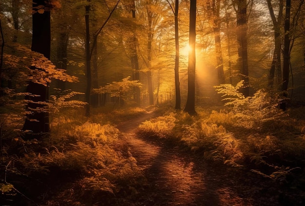 the sun is shining through a forest in an autumn in the style of light bronze and orange