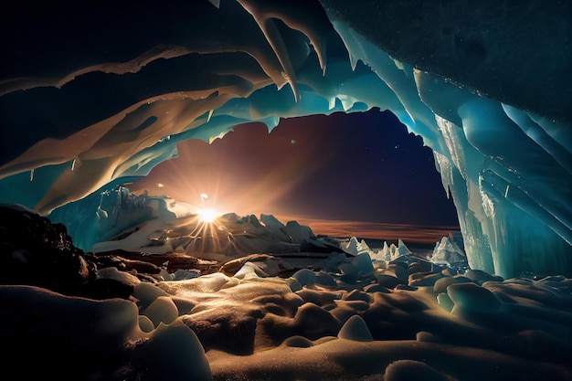 The sun is shining through an ice cave generative ai