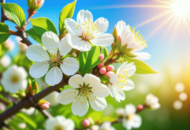 the sun is shining through the leaves of the cherry blossom tree