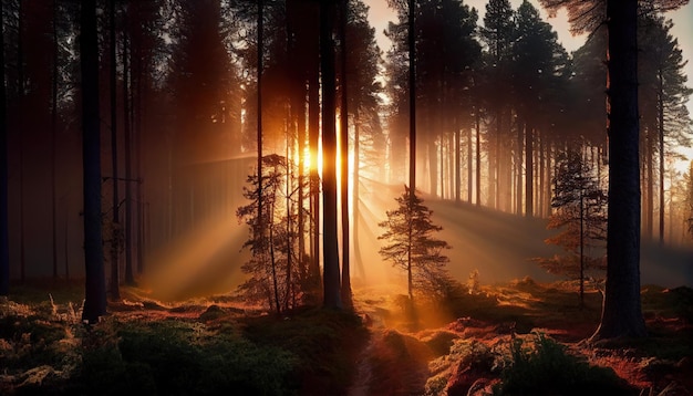 숲 생성 AI의 나무 사이로 태양이 빛나고 있습니다.