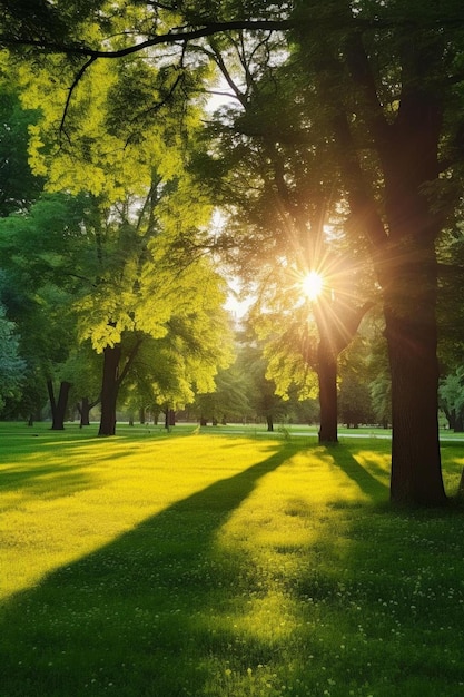 The sun is shining through the trees in the park