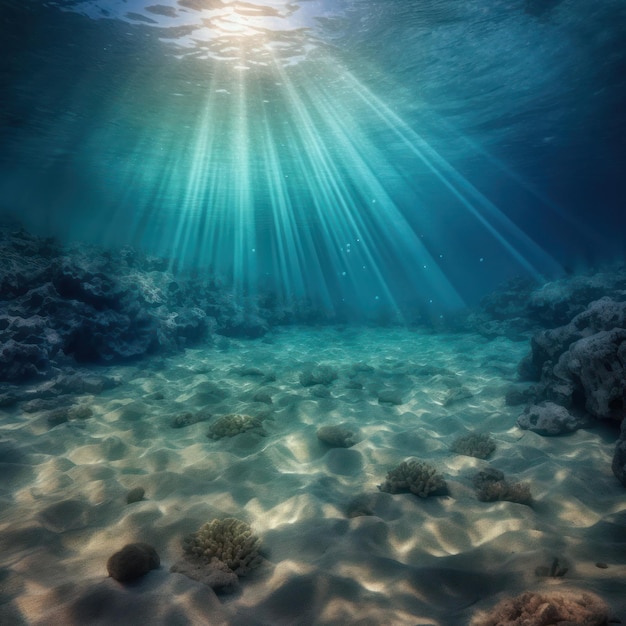 The sun is shining through the water and the ocean floor is covered in rocks.