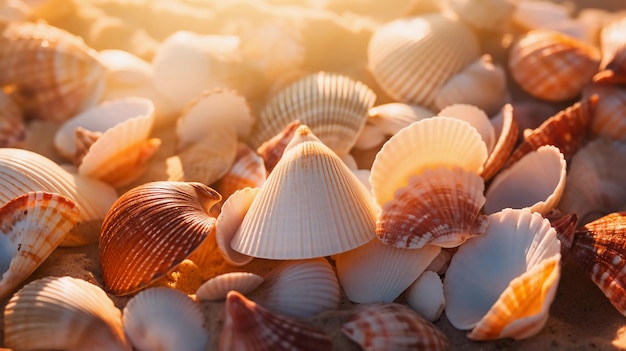 Photo sun kissed shells beautiful sand beach with seashells in golden hour