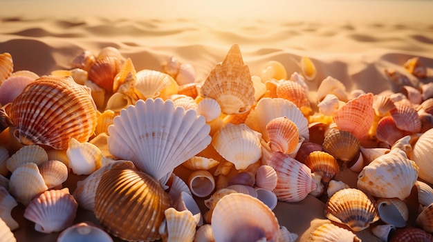Раковины, поцелованные солнцем Красивый песчаный пляж с ракушками в золотой час