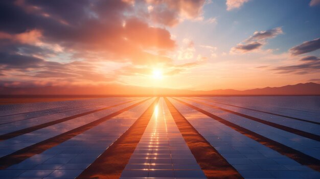 Photo sun kissed solar farm at dawn