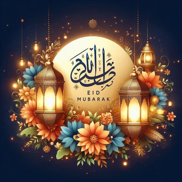 Sun amp lantern Arabische stijl typografie Eid Mubarak achtergrond