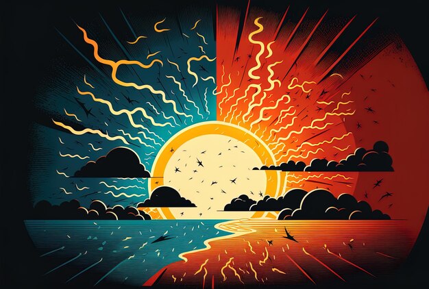 Photo the sun and lightning are depicted in a illustration of the climate