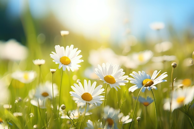デイジーの花がたくさん咲く太陽に照らされた春の草原