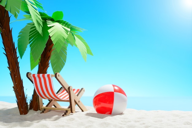 Sun lounger and beach ball under a palm tree on the sandy coast. Sky with copy space