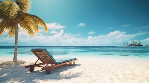 Sun lounger under palm tree on ocean shore overlooking island