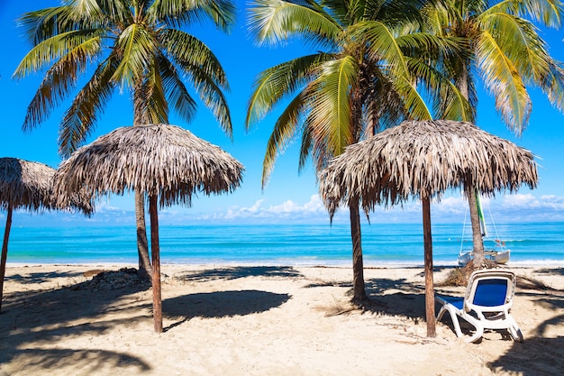 Sun lounger under straw umbrellas.