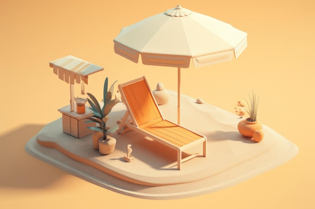 Sun lounger and umbrella in a sunny beach 3D Render Generative AI