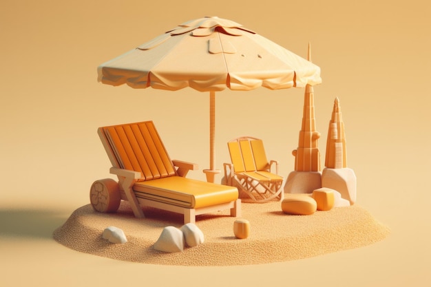 Sun lounger and umbrella in a sunny beach 3D Render Generative AI