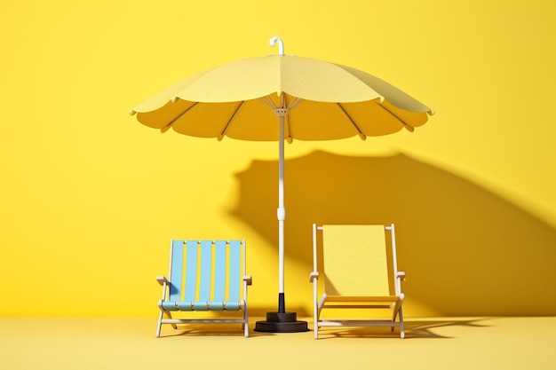 Sun lounger and yellow umbrella on a yellow background