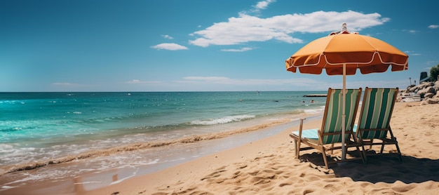 sun loungers against the backdrop of the azure sea Generative AI