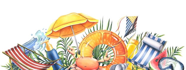 Sun loungers inflatable toys sun umbrella tropical palm leaves Watercolor illustration hand drawn for cards posters beach and summer Beach template on a white background