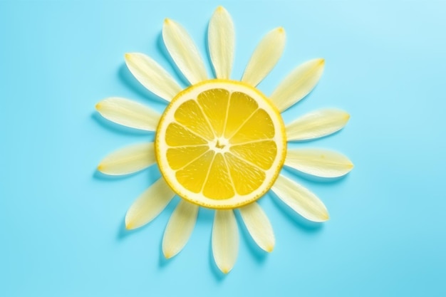 Sun made of lemon and flower petals on blue background