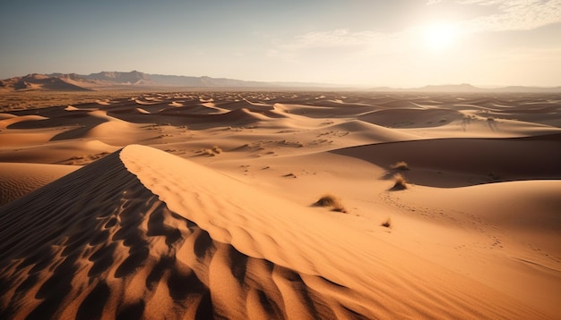 Sun over majestic sand dunes in Africa generated by AI