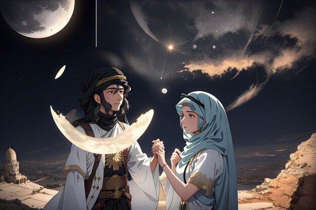 sun and moon are locked in an eternal dance casting a beautiful unifying light over Israel and Palestine Anime illustration