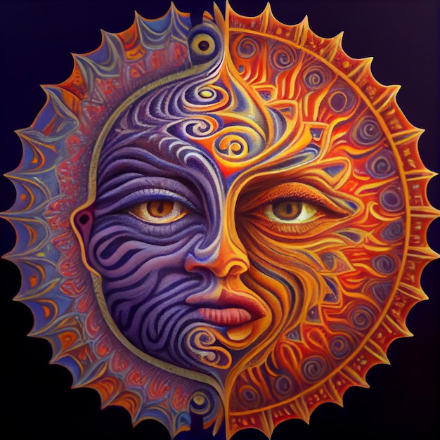 Sun and moon esoteric illustration colorful psychedelic abstract