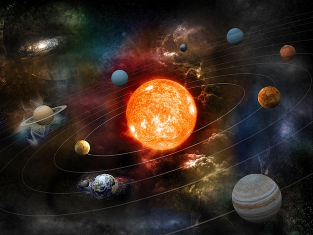 The sun and nine planets of our system orbiting Clipping path included for the foreground objects