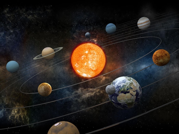 The sun and nine planets of our system orbiting Clipping path included for the foreground objects