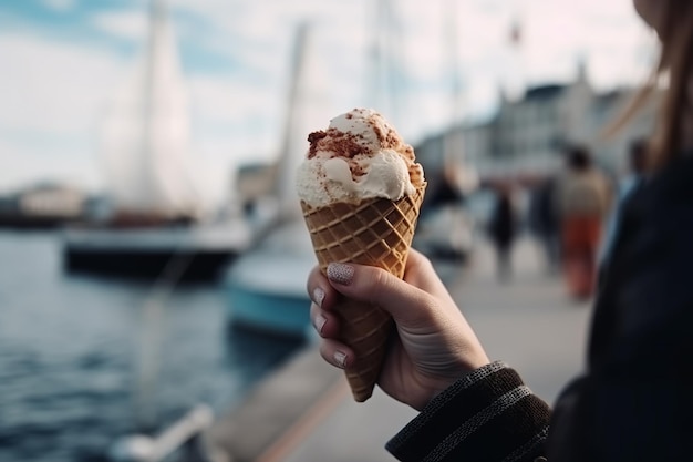 Sun and ocean breeze while enjoying a delicious ice cream cone at a seaside pier or harbor