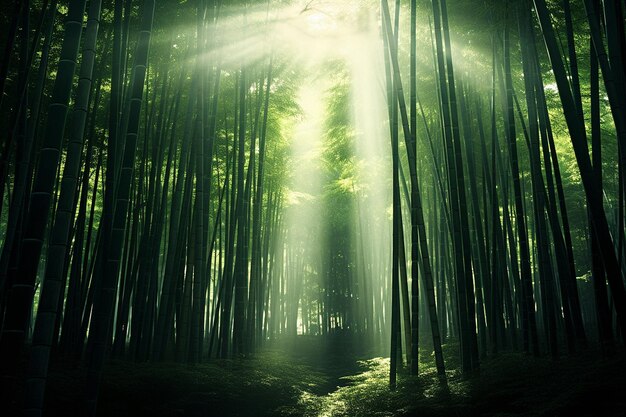 Photo sun peering through bamboo grove