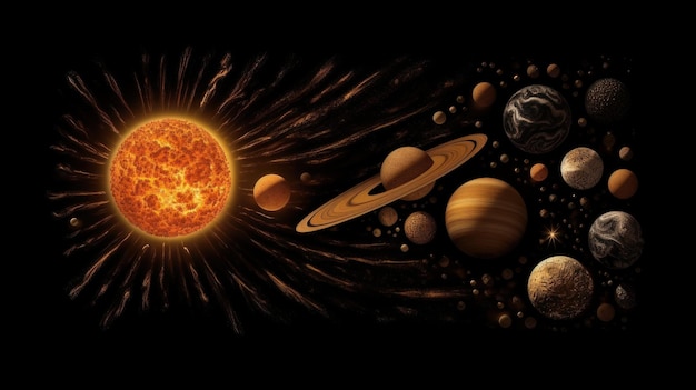 AI が生成した黒い背景に宇宙の太陽と太陽系の惑星