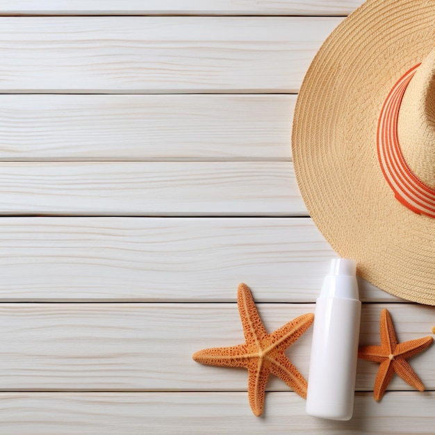 Sun protection cream bottle on wooden background with copy space Generation AI