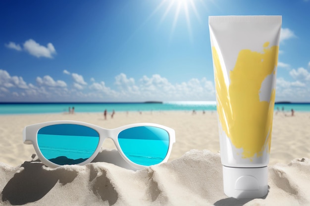 Фото Защита от солнца солнцезащитный крем уход за кожей и телом тюбик крема на фоне пляжа