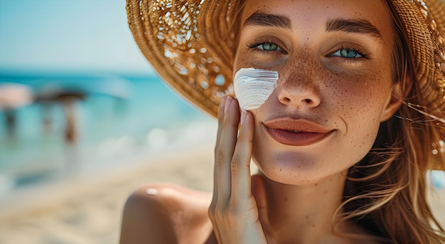 Foto protezione solare donna che applica la crema solare su una spiaggia soleggiata