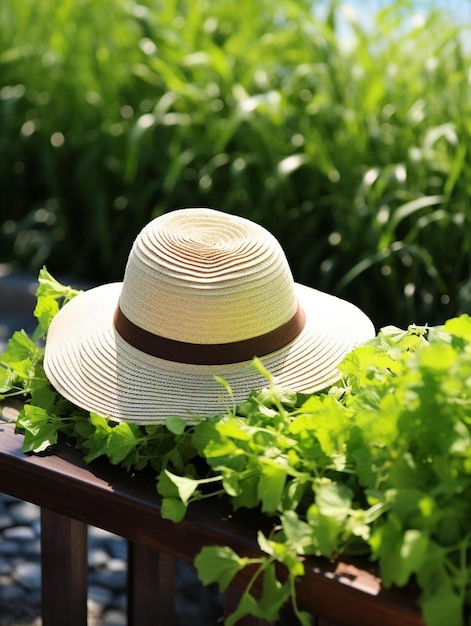 사진 태양 보호 모자 와 녹색 식물 은 여름 휴식 의 상징 이다