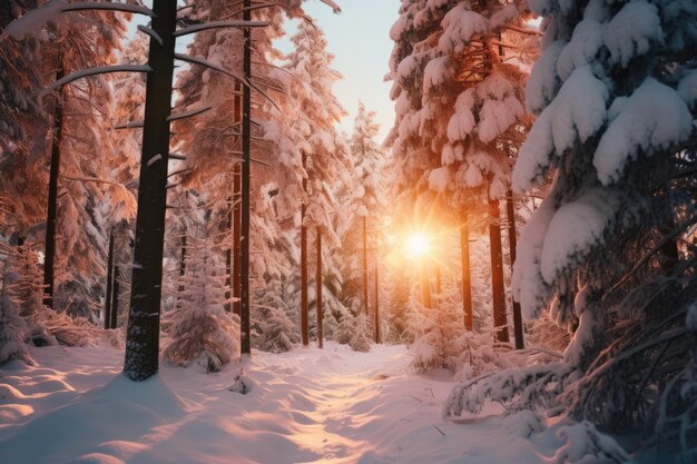 太陽の光は雪に覆われた松の木を通って輝いています