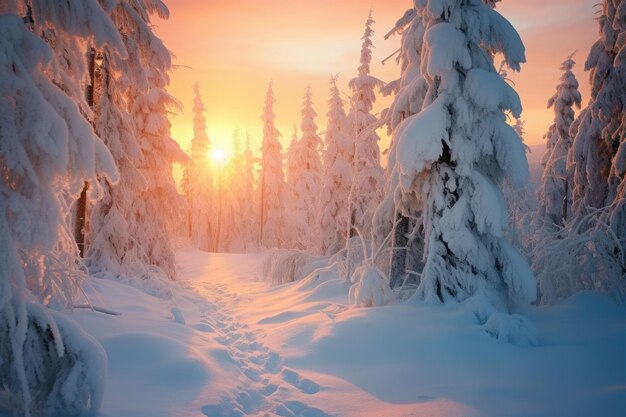 太陽の光は雪に覆われた松の木を通って輝いています