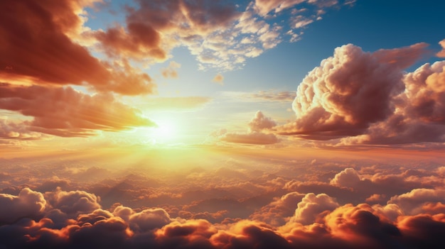 日の出または日没の雲の上の太陽光線ドラマチックで美しい空黄色とオレンジ色の雲景